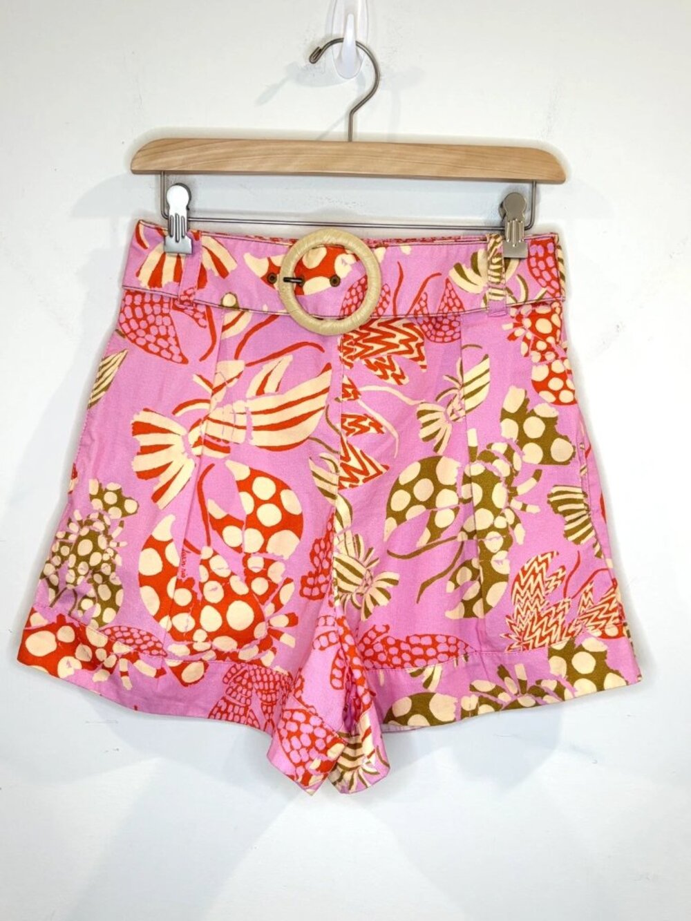 Farm Rio Mixed Lobster Belted Shorts Sz S Pink Pleated High Waist Tropical Beach - Picture 4 of 16